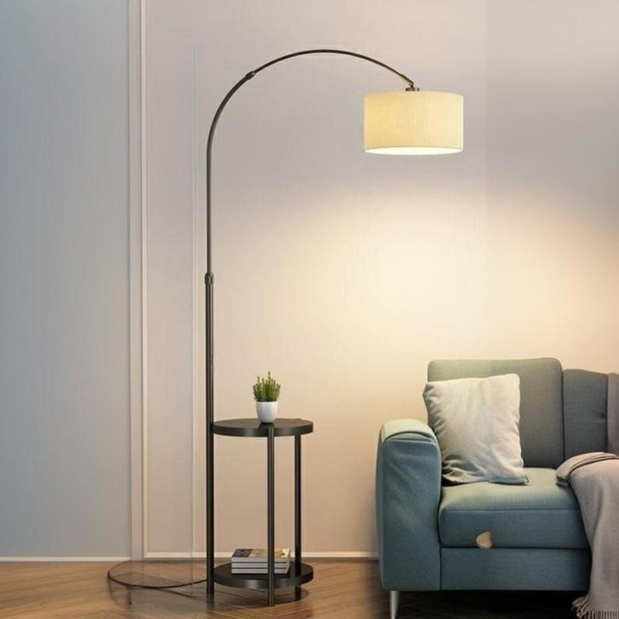 Barrel Adjustable Arched Floor Lamp with Side Table Image - 3