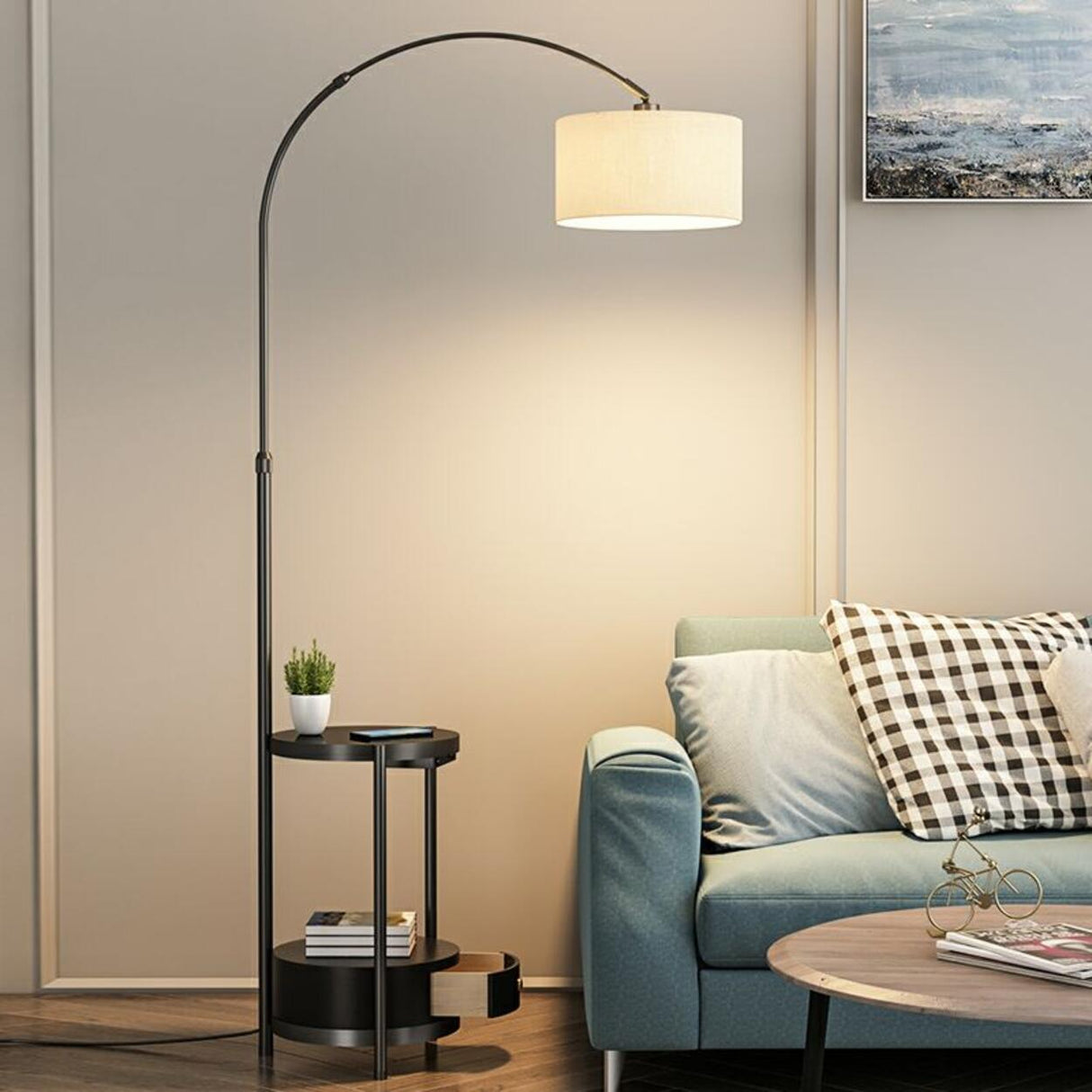 Barrel Adjustable Arched Floor Lamp with Side Table Image - 4