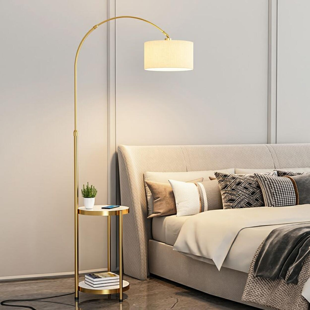 Barrel Adjustable Arched Floor Lamp with Side Table Image - 8