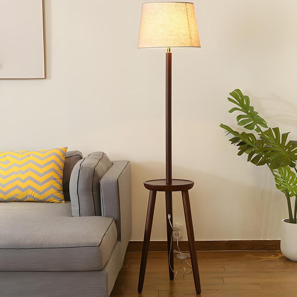 Barrel Wooden Tripod Floor Lamp with Side Table Image - 12