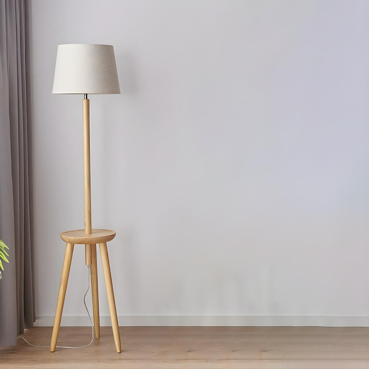 Barrel Wooden Tripod Floor Lamp with Side Table Image - 2