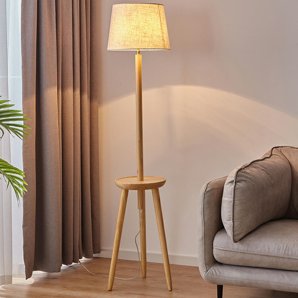 Barrel Wooden Tripod Floor Lamp with Side Table Image - 4