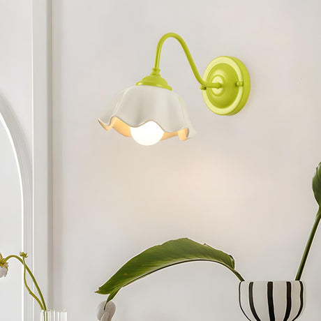 Beautiful Green Flower Wavy White Shade Wall Sconce Image - 1