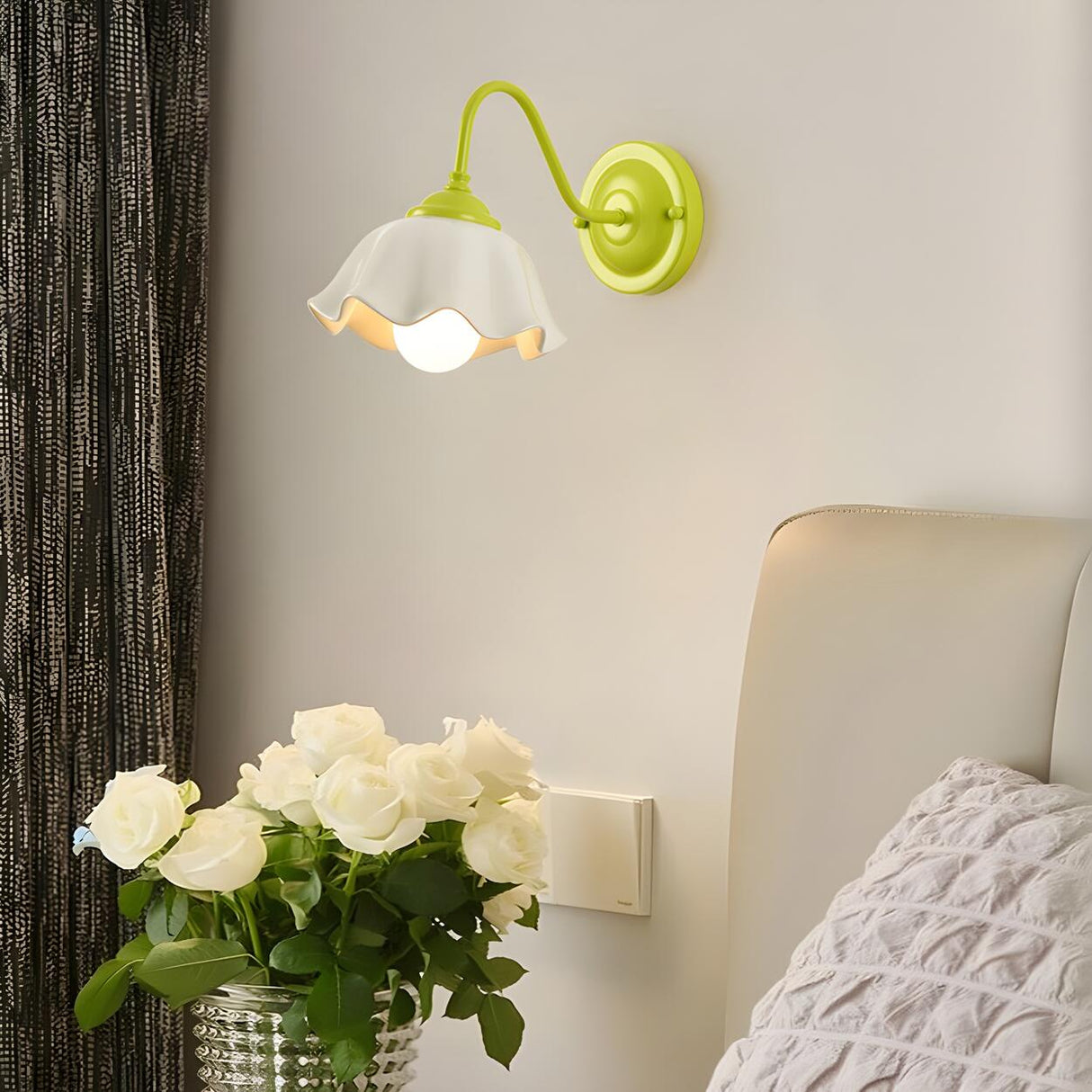 Beautiful Green Flower Wavy White Shade Wall Sconce Image - 4