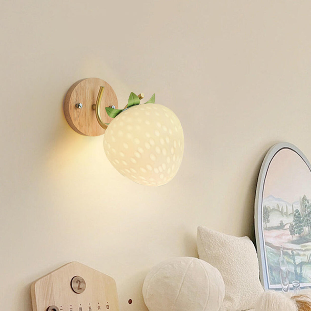 Beautiful Strawberry Shaped Wood Bedside Wall Sconce Image - 4