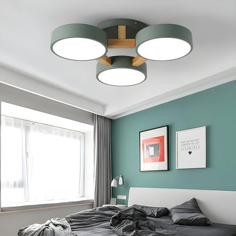 Bedroom 3-Head Green Drum LED Semi-Flush Mount Light Image - 1