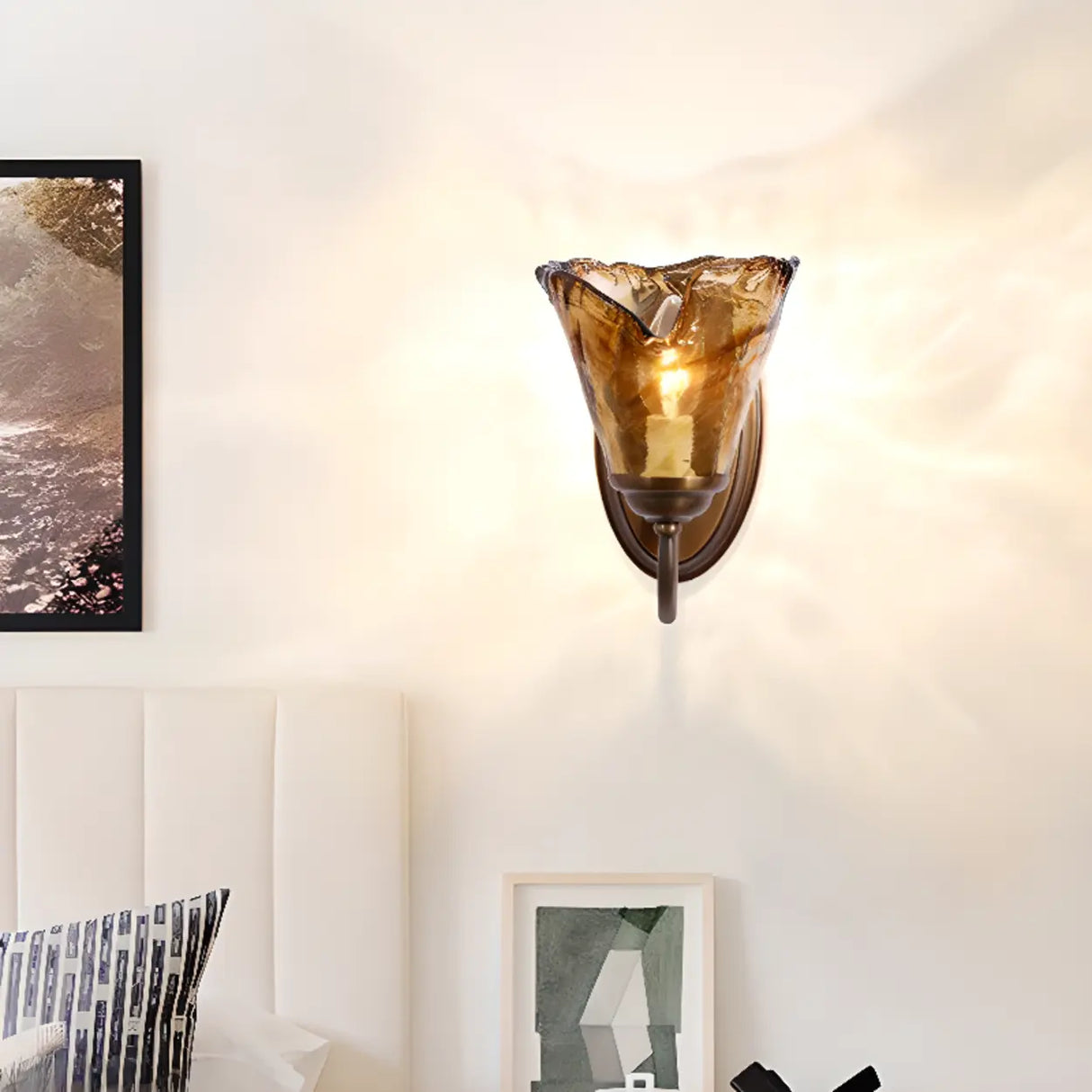 Bedroom Amber Glass Flower Metal Wall Sconce Light Image - 1