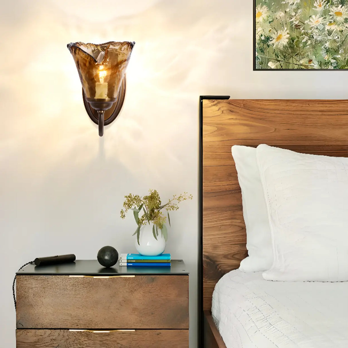 Bedroom Amber Glass Flower Metal Wall Sconce Light Image - 3