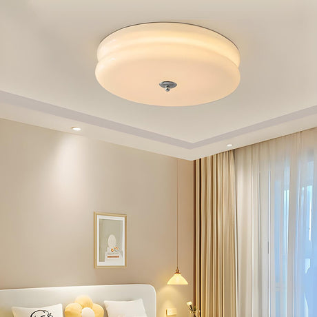 Bedroom Beige Drum Glass LED Flush Mount Ceiling Light Image - 2