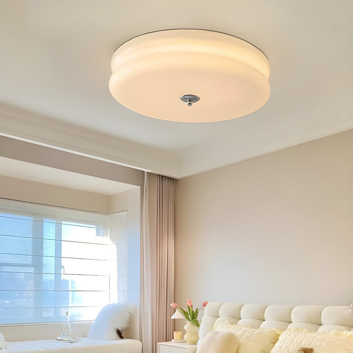 Bedroom Beige Drum Glass LED Flush Mount Ceiling Light Image - 4