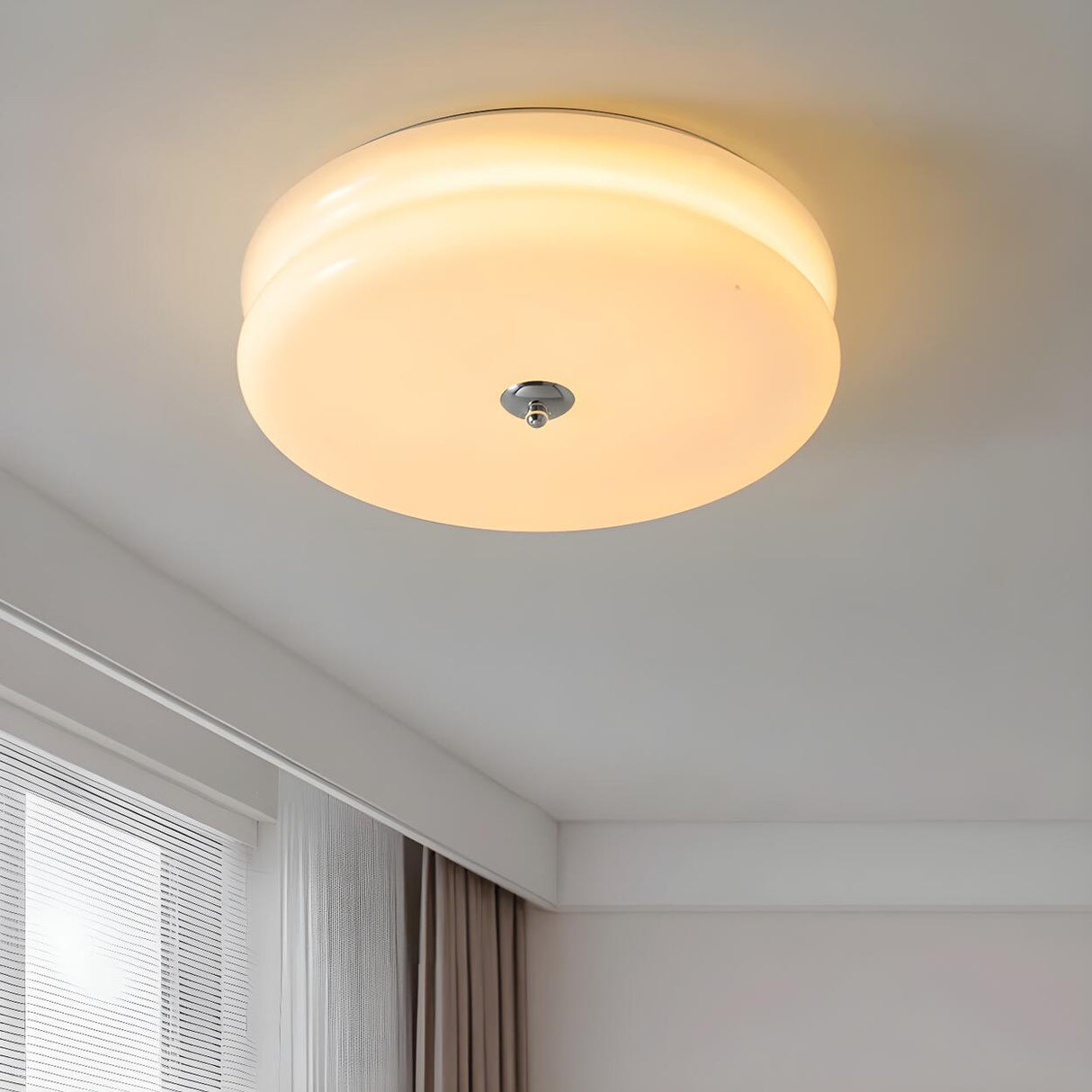 Bedroom Beige Drum Glass LED Flush Mount Ceiling Light Image - 9