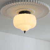 Bedroom Beige Drum White Glass Flush Mount Ceiling Lamp Image - 13