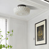 Bedroom Beige Drum White Glass Flush Mount Ceiling Lamp Image - 4