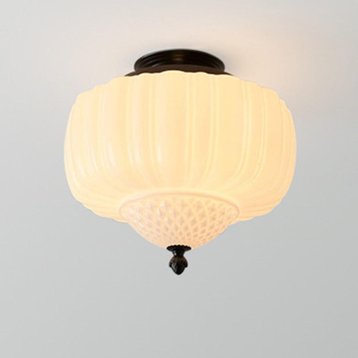 Bedroom Beige Drum White Glass Flush Mount Ceiling Lamp Image - 5