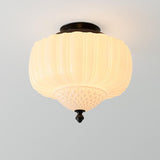 Bedroom Beige Drum White Glass Flush Mount Ceiling Lamp Image - 5