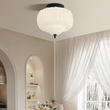 Bedroom Beige Drum White Glass Flush Mount Ceiling Lamp Image - 6