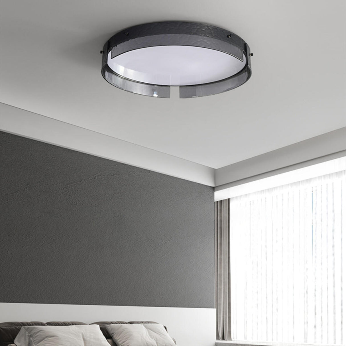 Bedroom Black Glass Round Flush Mount Ceiling Light Image - 5