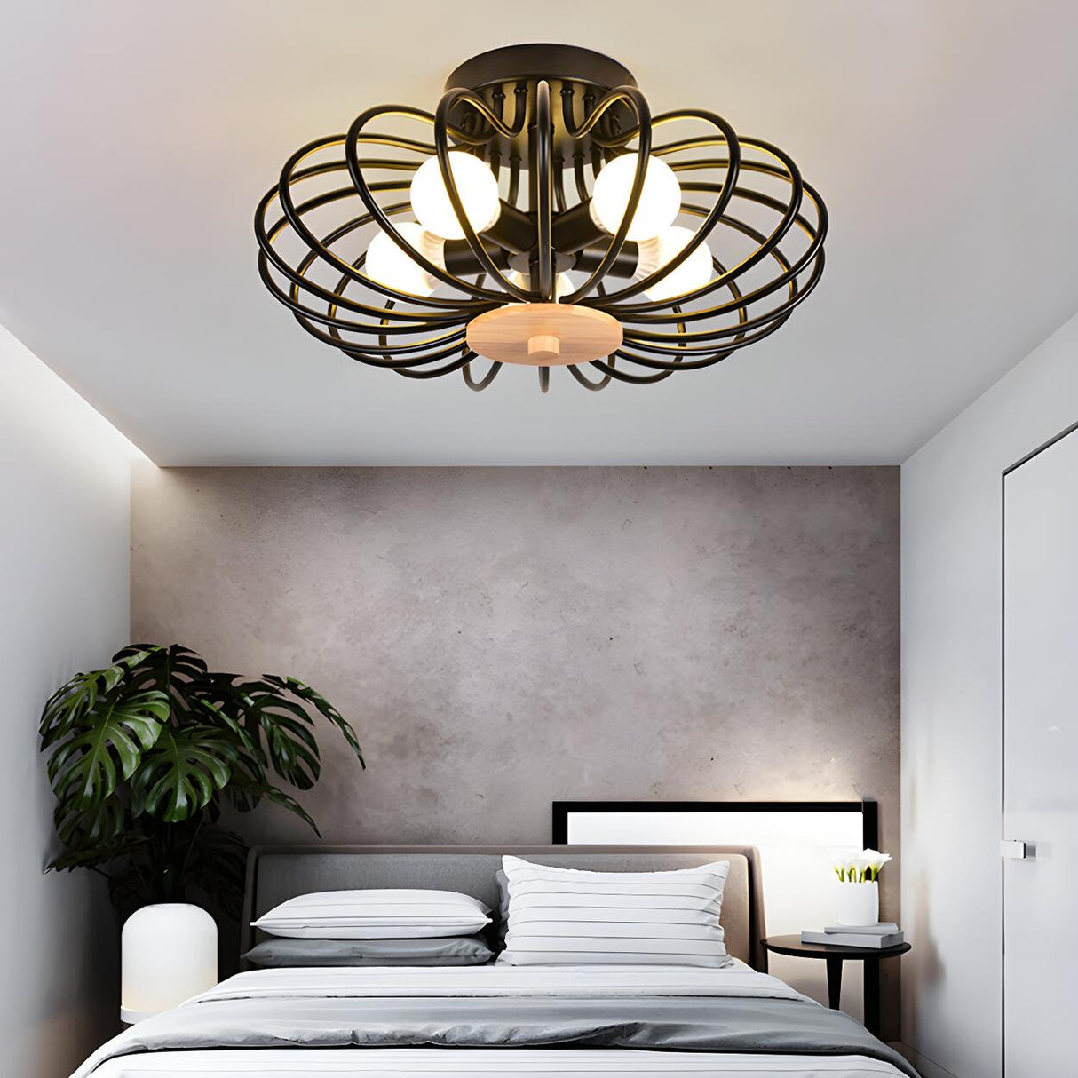 Bedroom Black Melon Cage Metal Semi-Flush Mount Light Image - 4