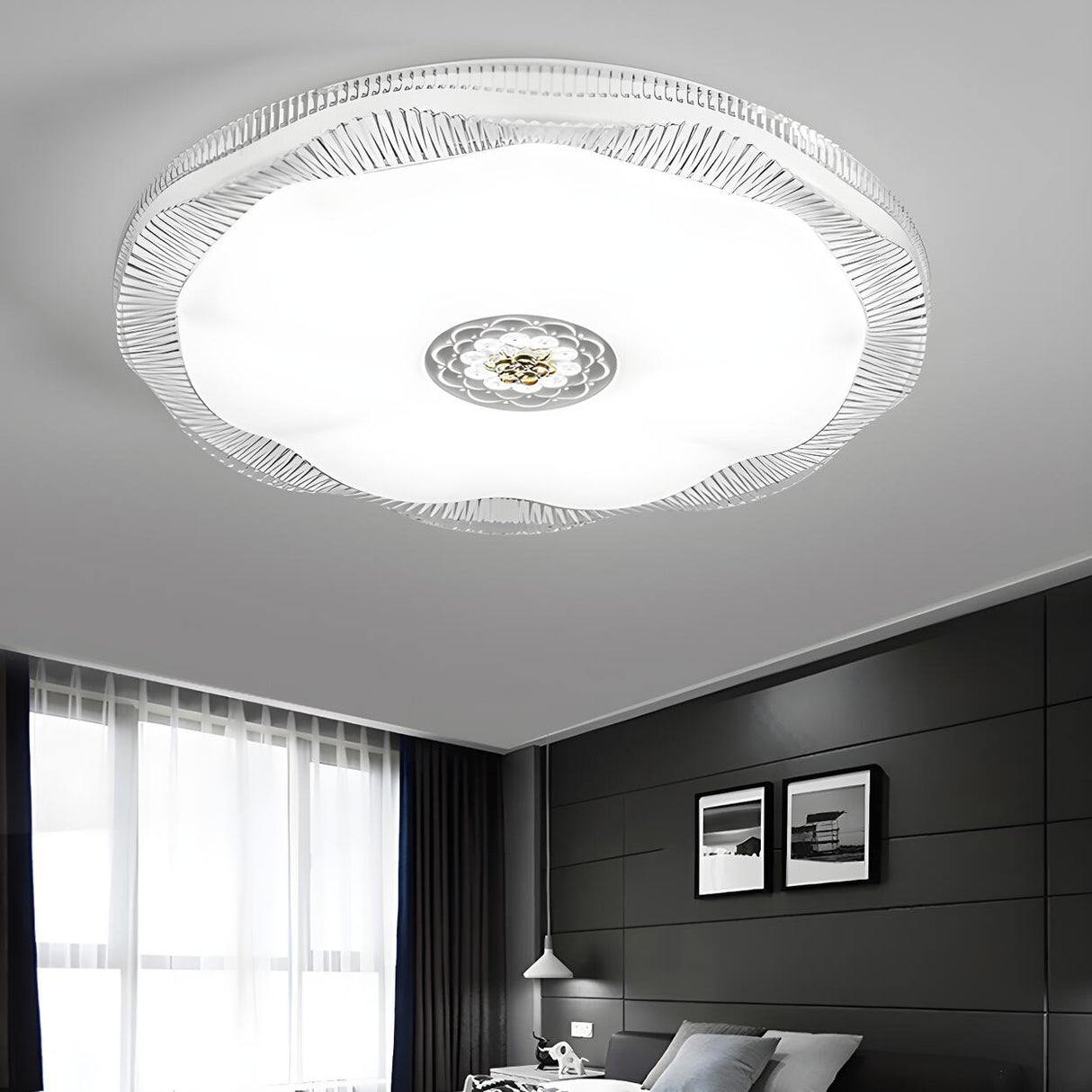 Bedroom Blue White Blooming Round Flush Mount Light Image - 4