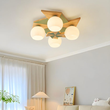 Bedroom Bowl Green Wood Semi-Flush Ceiling Lamp 4-Light Image - 1