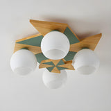 Bedroom Bowl Green Wood Semi-Flush Ceiling Lamp 4-Light Image - 10