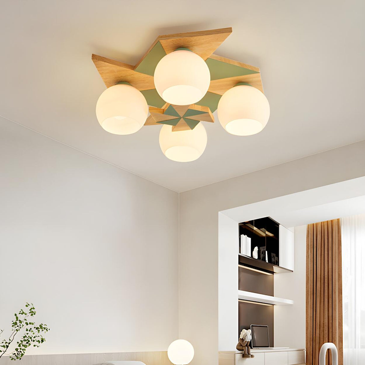 Bedroom Bowl Green Wood Semi-Flush Ceiling Lamp 4-Light Image - 13