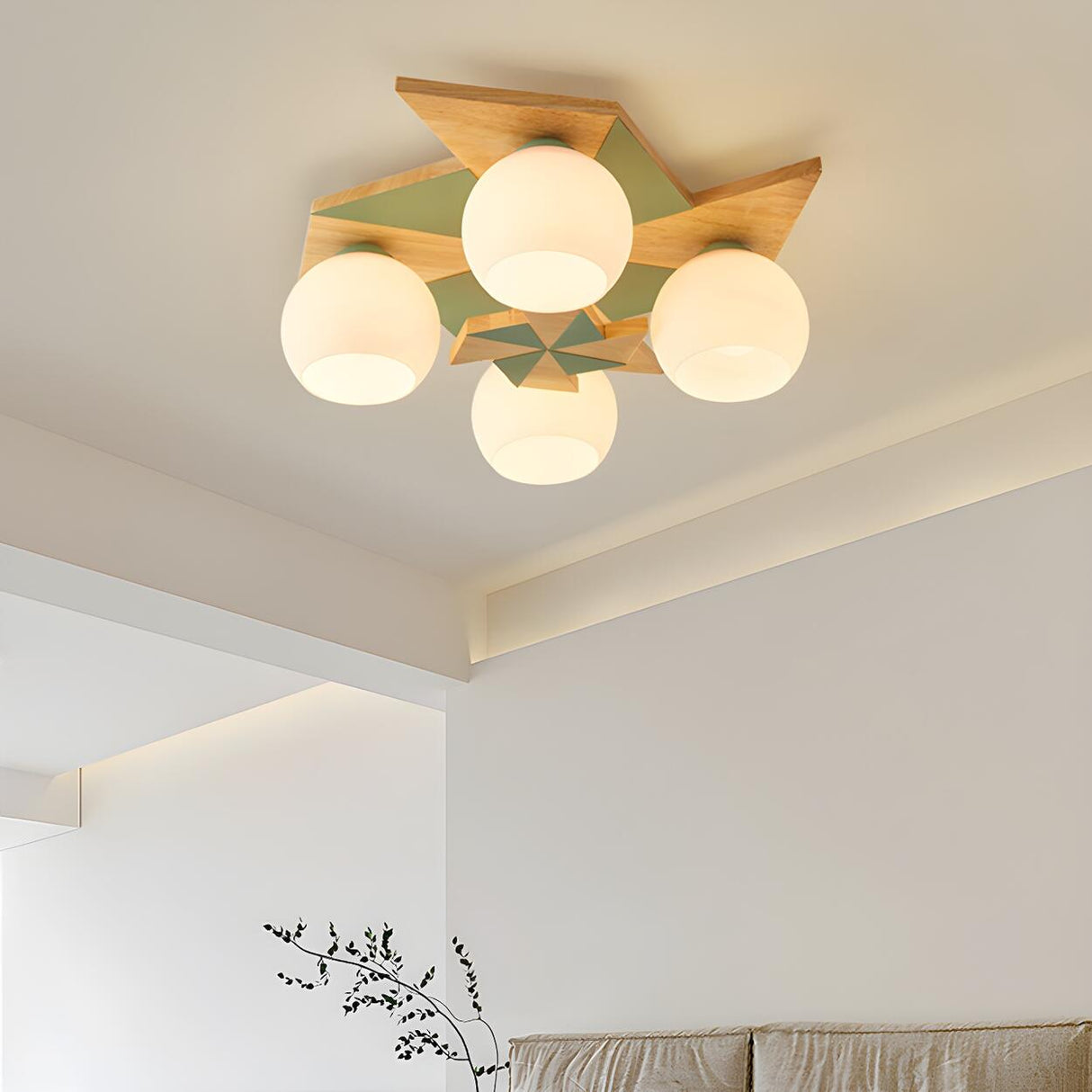 Bedroom Bowl Green Wood Semi-Flush Ceiling Lamp 4-Light Image - 14