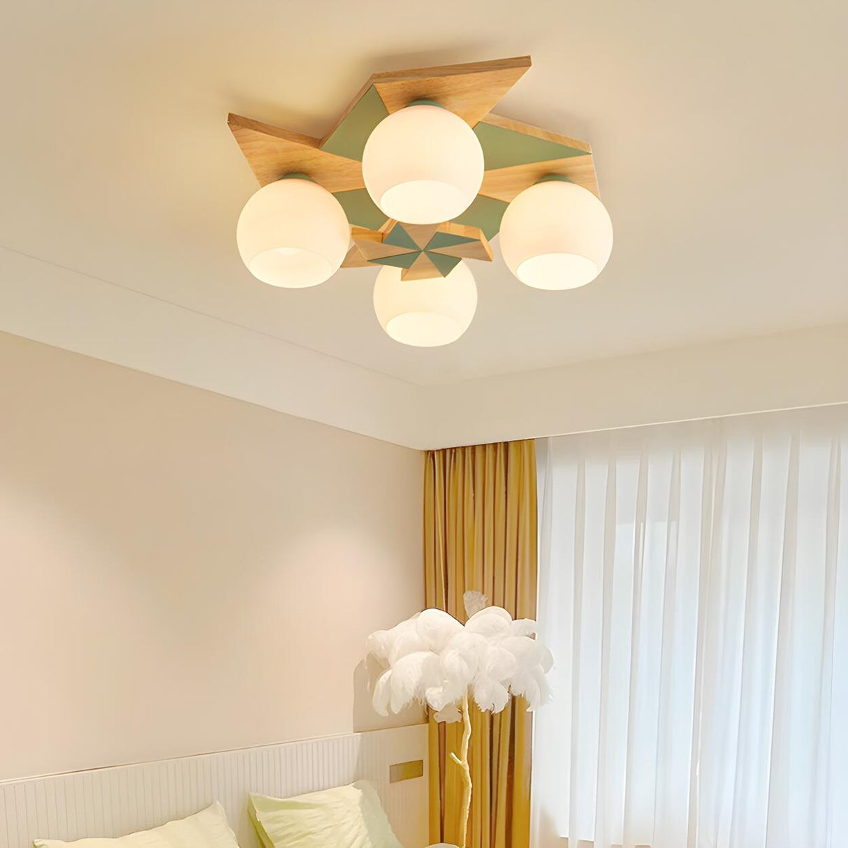 Bedroom Bowl Green Wood Semi-Flush Ceiling Lamp 4-Light Image - 4