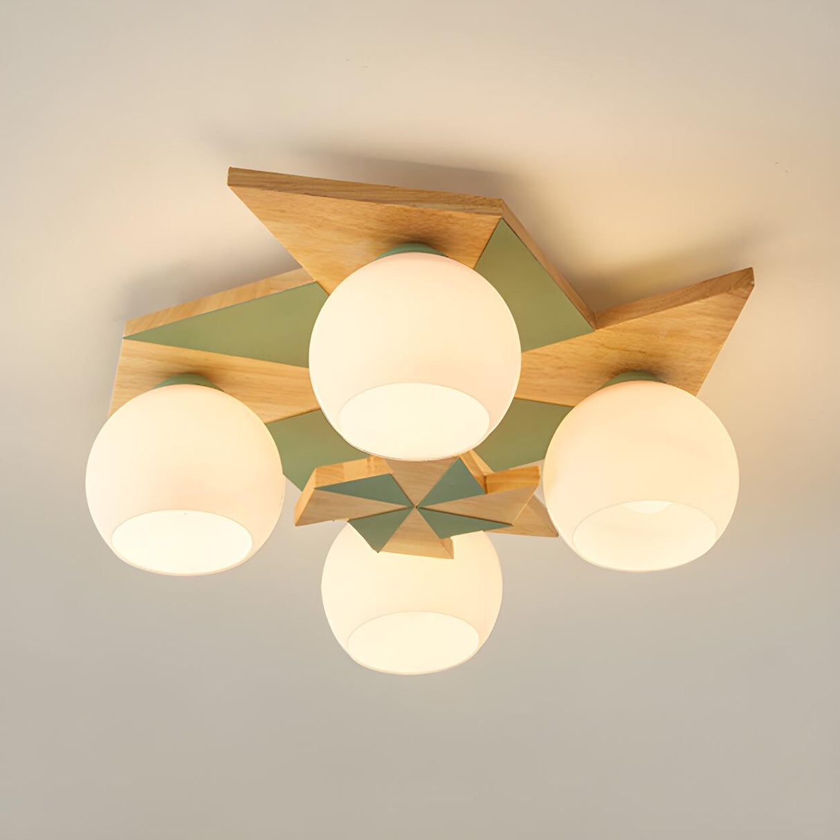 Bedroom Bowl Green Wood Semi-Flush Ceiling Lamp 4-Light Image - 5