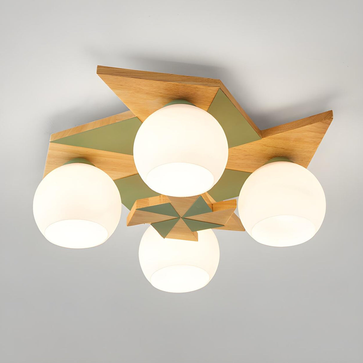 Bedroom Bowl Green Wood Semi-Flush Ceiling Lamp 4-Light Image - 9