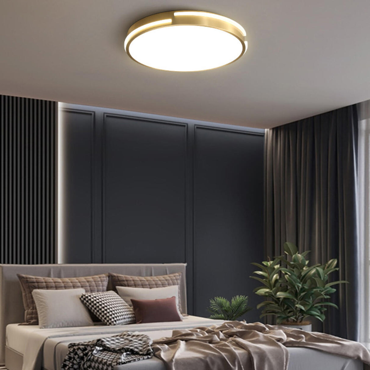 Bedroom Brass Circle LED Flush Mount Ceiling Light Image - 3