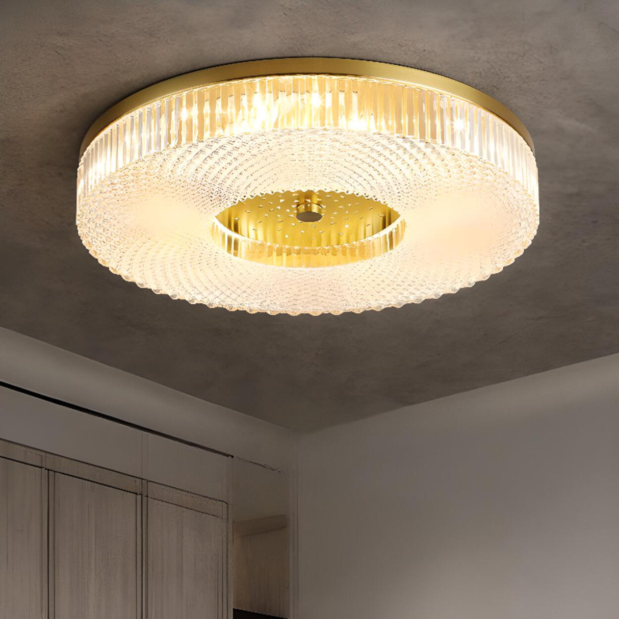 Bedroom Brass Round Crystal Flush Mount Ceiling Light Image - 1