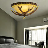 Bedroom Brown Dome Antler Rattan Flush Mount Light Image - 1