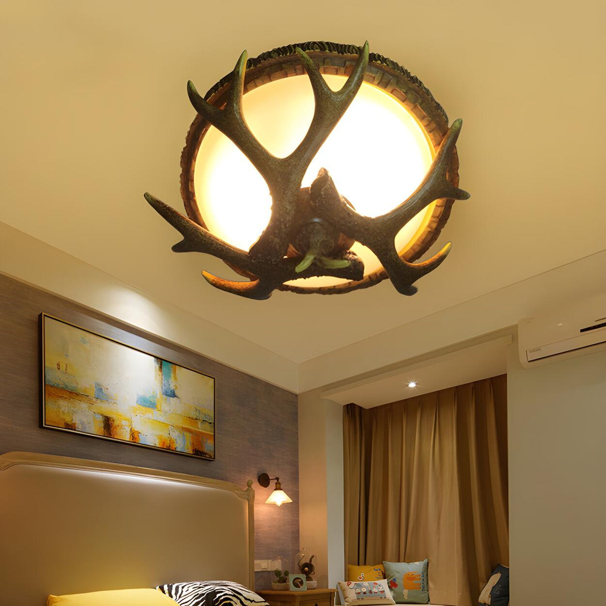 Bedroom Brown Dome Antler Rattan Flush Mount Light Image - 2