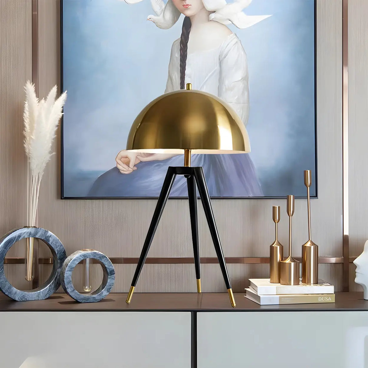 Bedroom Chic Luxury Gold Semi-Circle Tripod Table Lamp Image - 2