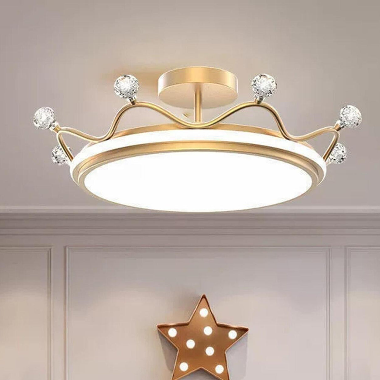 Bedroom Circle Gold Crown Semi-Flush Mount Ceiling Lamp Image - 3