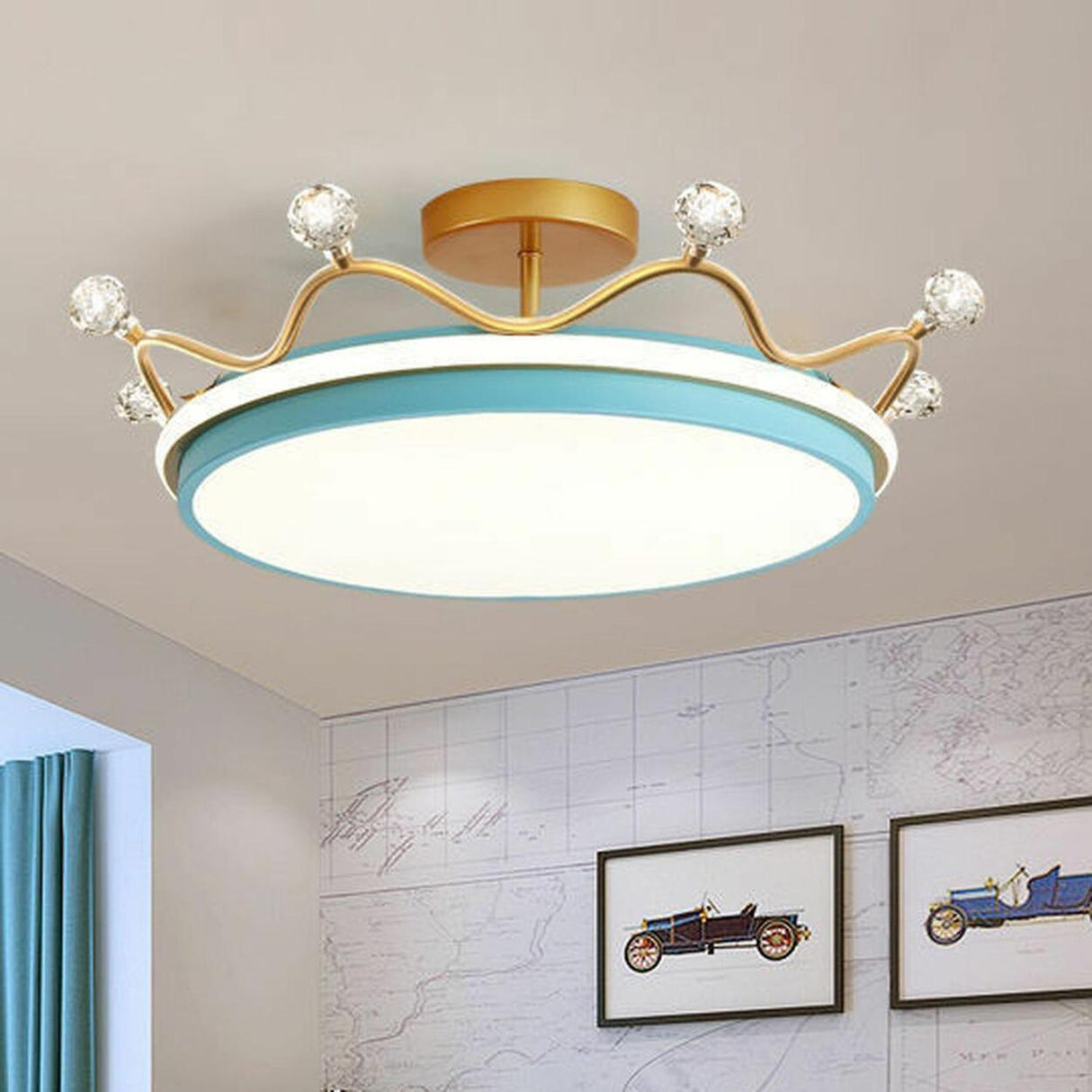 Bedroom Circle Gold Crown Semi-Flush Mount Ceiling Lamp Image - 5