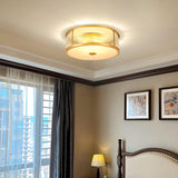 Bedroom Colonial Golden Drum Glass Flush Mount Light Image - 1