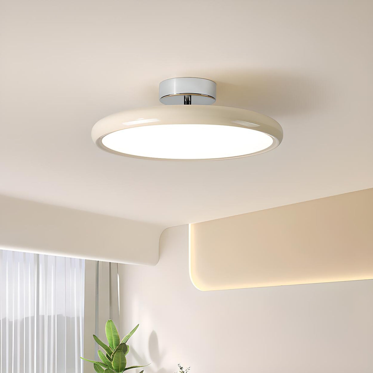 Bedroom Cream Round LED Semi-Flush Mount Ceiling Light Image - 4