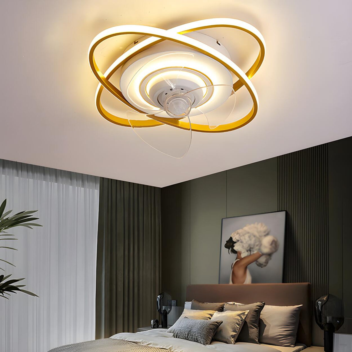 Bedroom Creative 2 Oval Rings Ceiling Fan with Light Image - 1