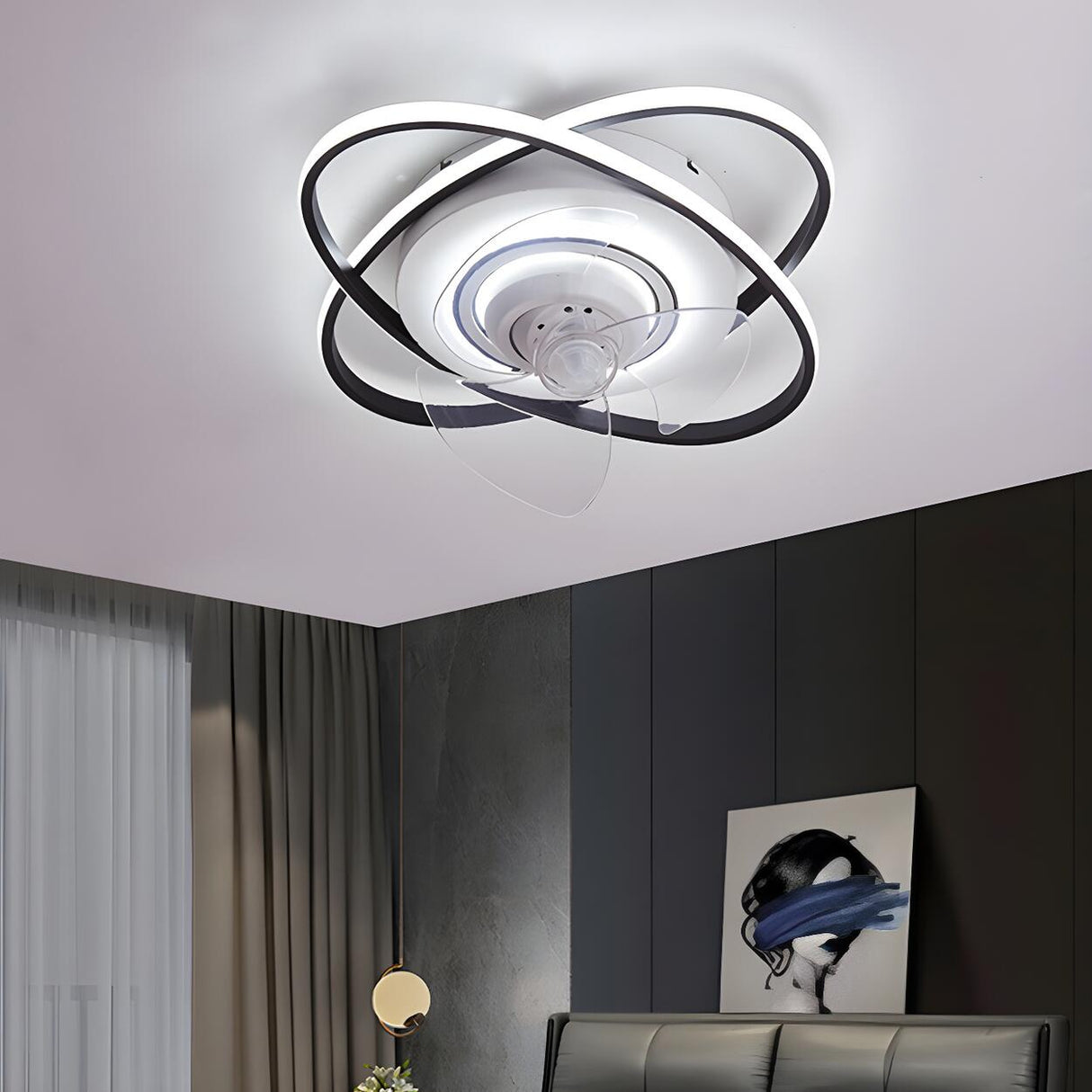 Bedroom Creative 2 Oval Rings Ceiling Fan with Light Image - 5