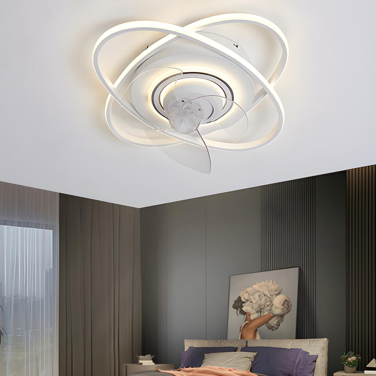 Bedroom Creative 2 Oval Rings Ceiling Fan with Light Image - 7