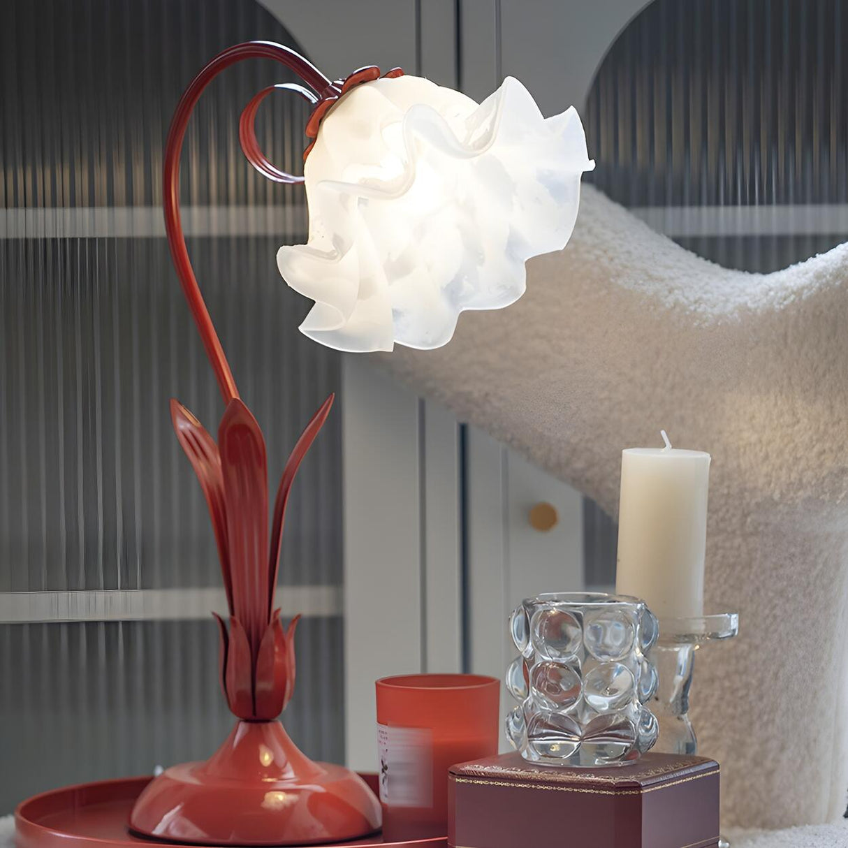 Bedroom Creative Flower Glass Shade Red Table Lamp Image - 1