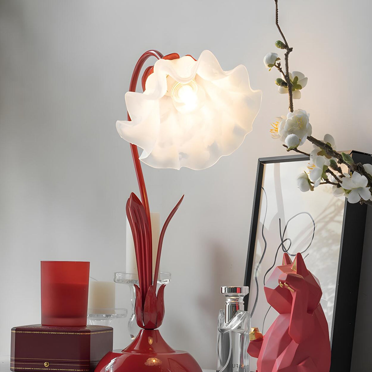 Bedroom Creative Flower Glass Shade Red Table Lamp Image - 11