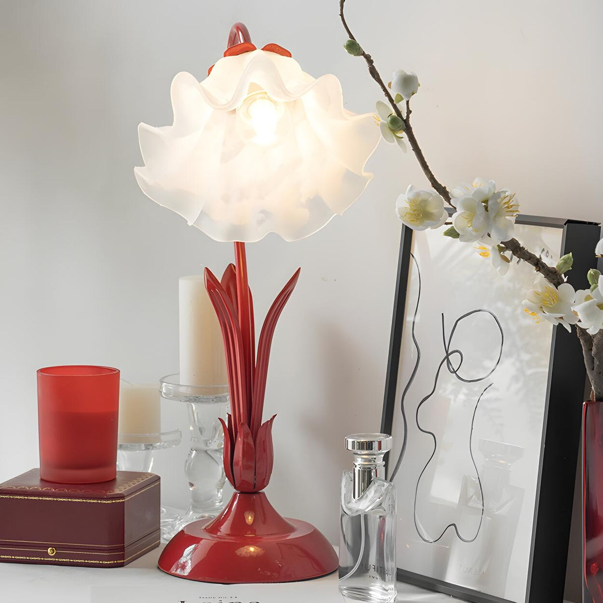 Bedroom Creative Flower Glass Shade Red Table Lamp Image - 3