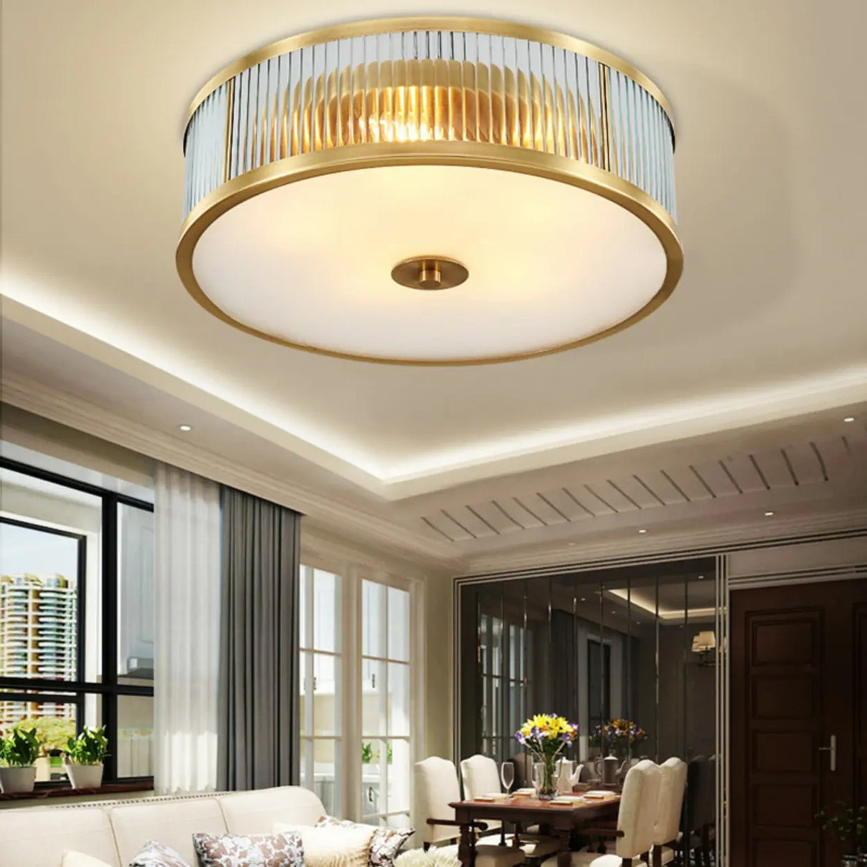 Bedroom Drum Gold Crystal Flush Mount Ceiling Light Image - 4