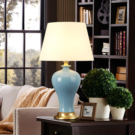 Bedroom Elegant Ceramic Fabric Barrel Shade Table Lamp Image - 2