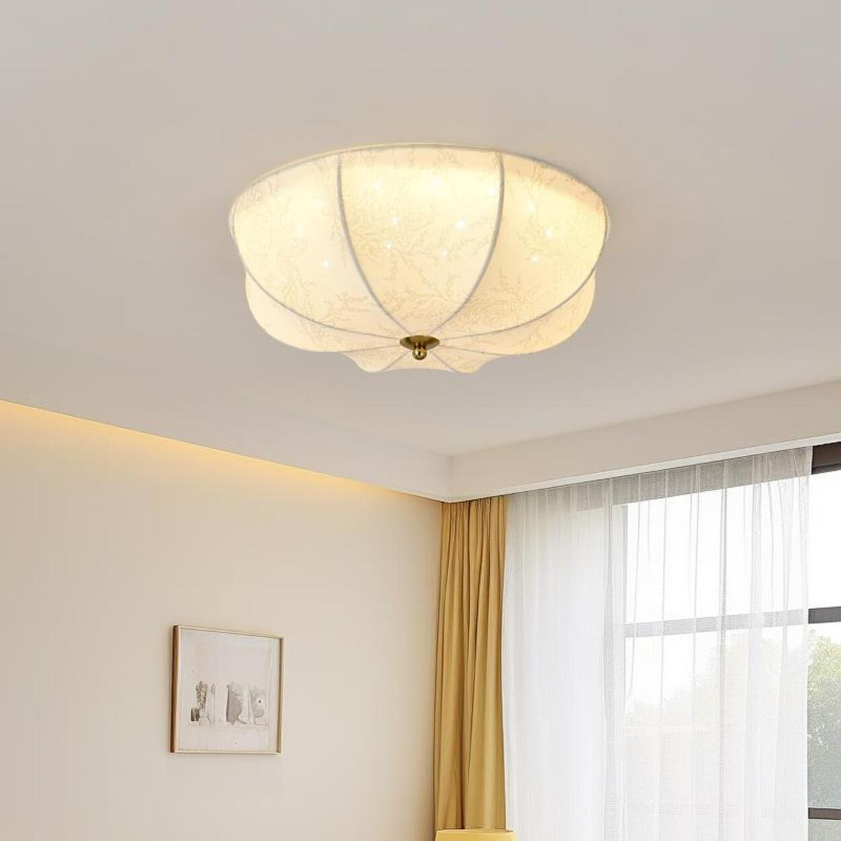 Bedroom Elegant White Fabric Flush Mount Ceiling Light Image - 1