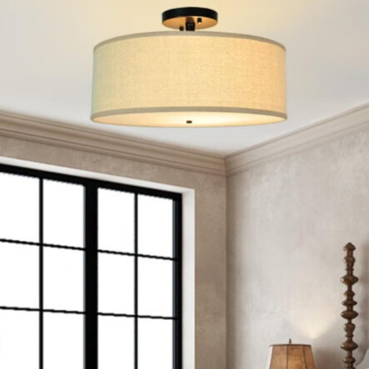 Bedroom Fabric Drum LED Semi-Flush Mount Ceiling Light Image - 2