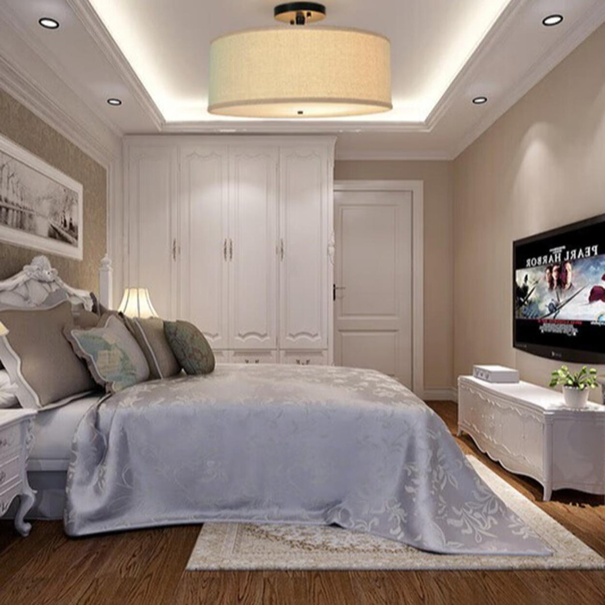 Bedroom Fabric Drum LED Semi-Flush Mount Ceiling Light Image - 3